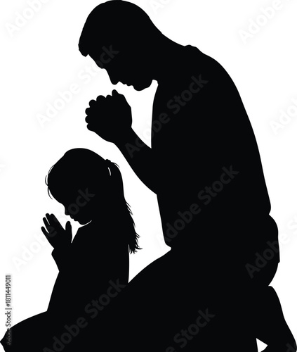 Silhouette of Adult and Child Praying Together in Reverent Pose, Family Faith Concept, Spiritual Devotion, Religious Worship Vector Illustration