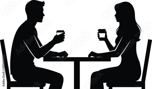 Silhouette of man and woman sitting at table drinking coffee, having conversation, social interaction, casual meeting, black vector illustration