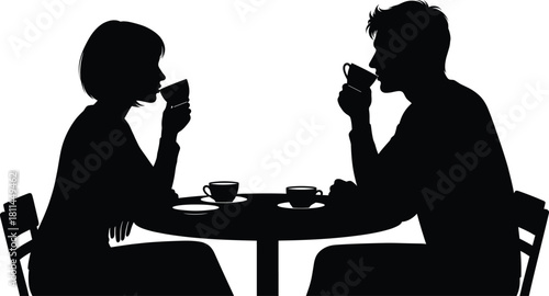Silhouette of two people drinking coffee together at round table, minimalist black vector illustration of social interaction and conversation