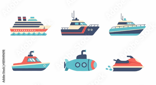 Various Watercraft Icons Cruise Ship, Yacht, Submarine, and Jet Ski