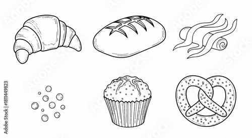 Collection of baked goods and ingredients, including a croissant, bread, pretzel, cupcake, and small round elements