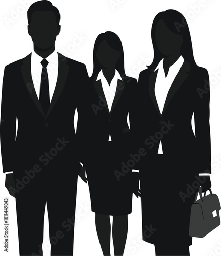Silhouettes of professional business people in formal attire standing together, representing teamwork, leadership, corporate unity, and workplace professionalism.