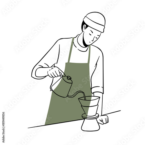 Minimalist Line Art of Barista Making Pour-Over Coffee with a Gooseneck Kettle