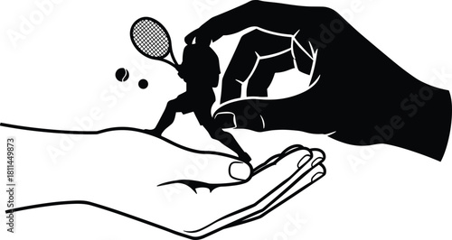 Surreal black and white hands holding tennis player silhouette concept art symbolizing control, support, manipulation, balance, and creative tension