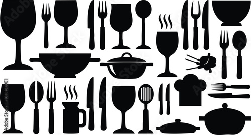 Kitchen utensils silhouettes collection with cooking pots, cutlery, wine and coffee cups in black isolated on white background