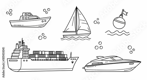 Diverse Marine Vessels Hand-Drawn Collection of Boats and Buoy