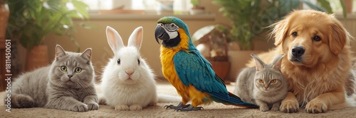 Adorable pet friends gather for a heartwarming moment indoors featuring a golden retriever, cats, a parrot, and a fluffy white bunny in a cozy, sunlit room together