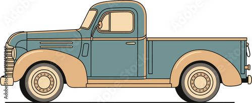 Vintage pickup truck illustration with teal and beige color scheme