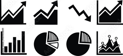 Black and white business infographic icons showing rising and falling charts with pie and bar graphs for data analysis and presentation
