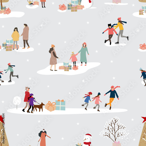 Seamless pattern Winter landscape,Celebrating Christmas and New Year 206 in village with happy people playing ice skate in the park,Vector horizontal banner winter wonderland in countryside