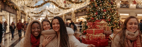 Joyful friends celebrating Christmas with gifts in a festive shopping mall, radiating holiday cheer and creating unforgettable memories together during the season