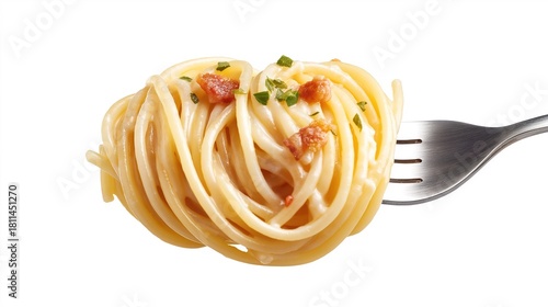 a fork holding spaghetti pasta neatly and evenly twirled in smooth spiral layers, with all noodle ends tucked in and no loose strands, coated evenly with creamy Korean-style white sauce, 