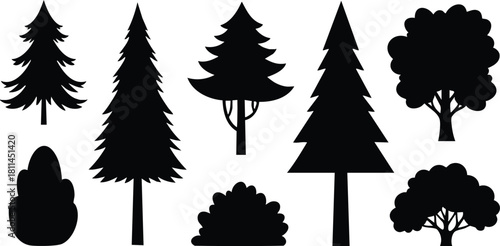 Various evergreen and leafy tree silhouettes with different shapes and sizes isolated on white background natural design elements