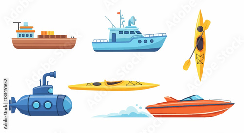 A diverse collection of water transportation vehicles, featuring cargo ships, speed boats, submarines, and kayaks, presented in a vibrant flat cartoon illustration style