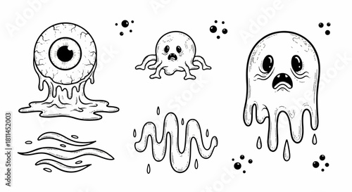 A spooky collection of hand-drawn cartoon monster doodles for Halloween, featuring a dripping eyeball, a sad ghost, and creepy slime elements
