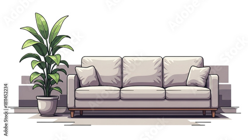 Illustration of a comfortable modern sofa next to a tall green houseplant for interior design