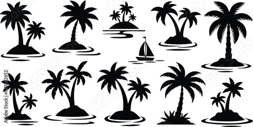 Black silhouette palm trees collection with island and sailboat tropical nature designs in vector format