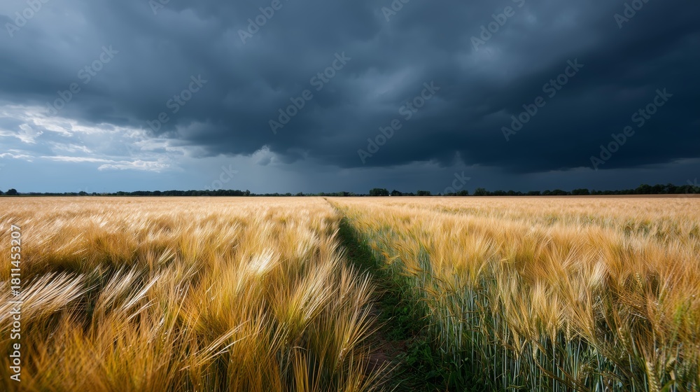 Fototapeta premium Dark storm clouds loom over a golden wheat field in the countryside during late afternoon