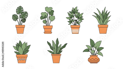 Stylized collection of outlined potted plants, ideal for interior design and home decoration projects
