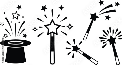 Magic wand and hat icons with sparkling stars and fireworks in black and white vector design