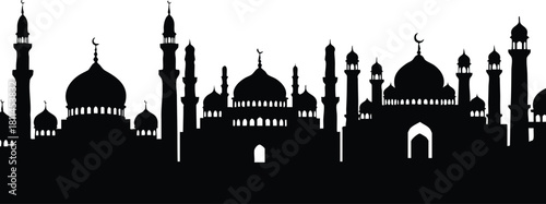 Silhouette of Islamic Mosque Architecture with Domes and Minarets against White Background