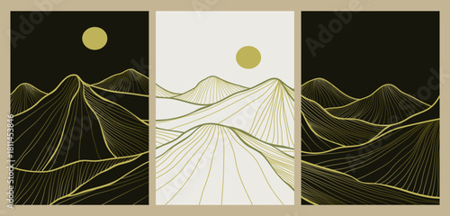 Collection of Minimalist Mountain line art texture. Abstract mountain landscapes backgrounds. mountain, hills and desert. use for wall art prints, poster Art Decoration, banner