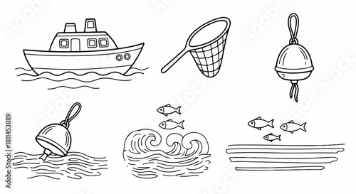 Nautical and fishing equipment, water, and aquatic life illustrated collection