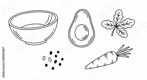 Hand-drawn sketch illustration of healthy food ingredients, including avocado, carrot, seeds, and a salad bowl, perfect for a fresh eating concept