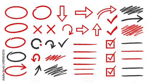 Hand Drawn Circle Arrows Checkmarks Lines Red and Black Vector Elements