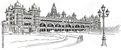 Magnificent Mysore Palace Black and White Illustration