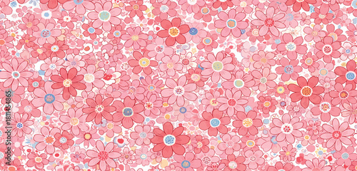 Dense field of whimsical pink and red daisy-like flowers creating a continuous and cheerful decorative pattern