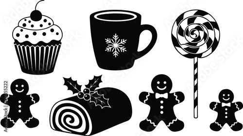 Christmas holiday black silhouette icons with cupcake, mug, lollipop, gingerbread men, and festive cake roll