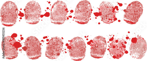 Abstract crimson fingerprints, textured with dynamic smudges and splatters, symbolizing identity, forensic evidence, and the intense drama of an investigation