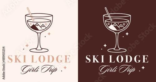 Ski lodge girls trip cocktail party mountain cabin holiday winter chalet skiing besties night shirt design. Alpine theme luxury fancy cozy chic vintage brown aesthetic glass drawing poster print sign.