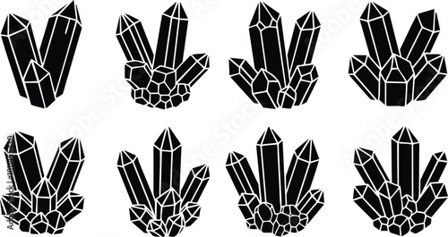 Black and white geometric crystal cluster icons set with sharp edges and faceted polygonal shapes vector design