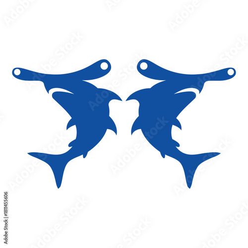 Two hammerhead sharks facing each other in blue, isolated on a transparent background