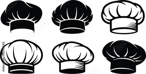 Set of six black and white chef hats icons in simple flat design for cooking and culinary illustrations