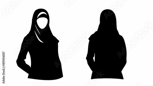 Striking silhouettes of Muslim women in traditional hijab, expressing cultural identity and empowerment through minimalist, modern design, originally vector graphics