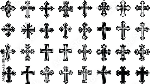 Collection of diverse black and white cross icons in various styles and shapes for religious and decorative purposes