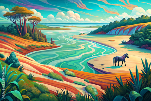 Cumberland Island Georgia Empty beaches with wild horse walking freely across dunes and dense maritime forests behind them