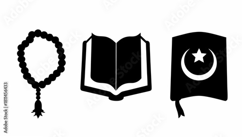 Elegant Ramadan graphics featuring prayer beads, an open book, and a Quran symbol offer a classic and modern design for your holiday promotion