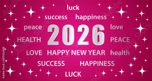 Happy New Year 2026. Greeting card with best wishes. Pink and silver vector hand drawn illustration banner.