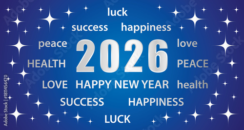 Happy New Year 2026. Greeting card with best wishes. Blue and silver hand drawn illustration banner.