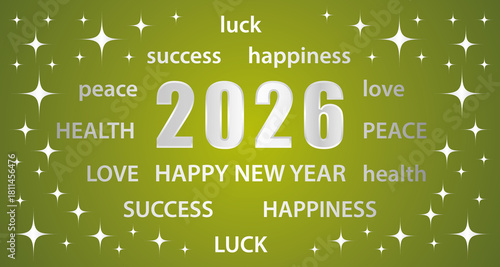 Happy New Year 2026. Greeting card with best wishes. Green and silver hand drawn illustration banner.