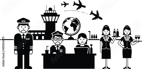Aviation crew and air traffic control team working with airport control tower and globe illustration