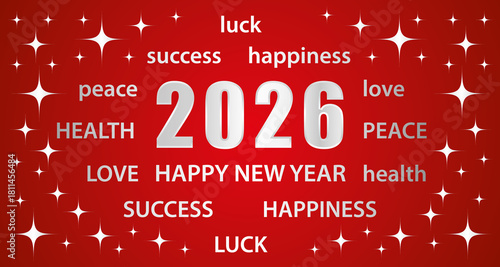 Happy New Year 2026. Greeting card with best wishes. Red and silver hand drawn illustration banner.