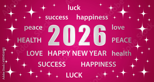 Happy New Year 2026. Greeting card with best wishes. Pink and silver hand drawn illustration banner.