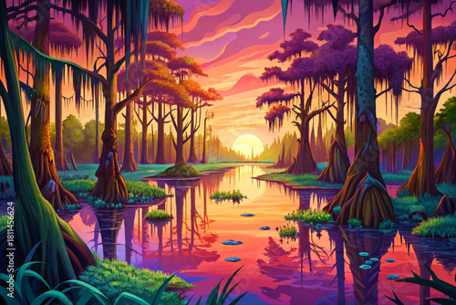 Okefenokee Swamp Georgia Glass still swamp waters reflecting cypress trees draped in Spanish moss, untouched and eerie