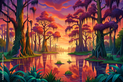 Okefenokee Swamp Georgia Glass still swamp waters reflecting cypress trees draped in Spanish moss, untouched and eerie