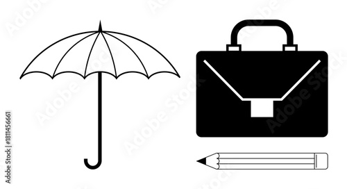 Umbrella, briefcase, and pencil symbolizing security, work, and innovation. Ideal for business planning, workplace organization, creativity, professional growth security education themes simple